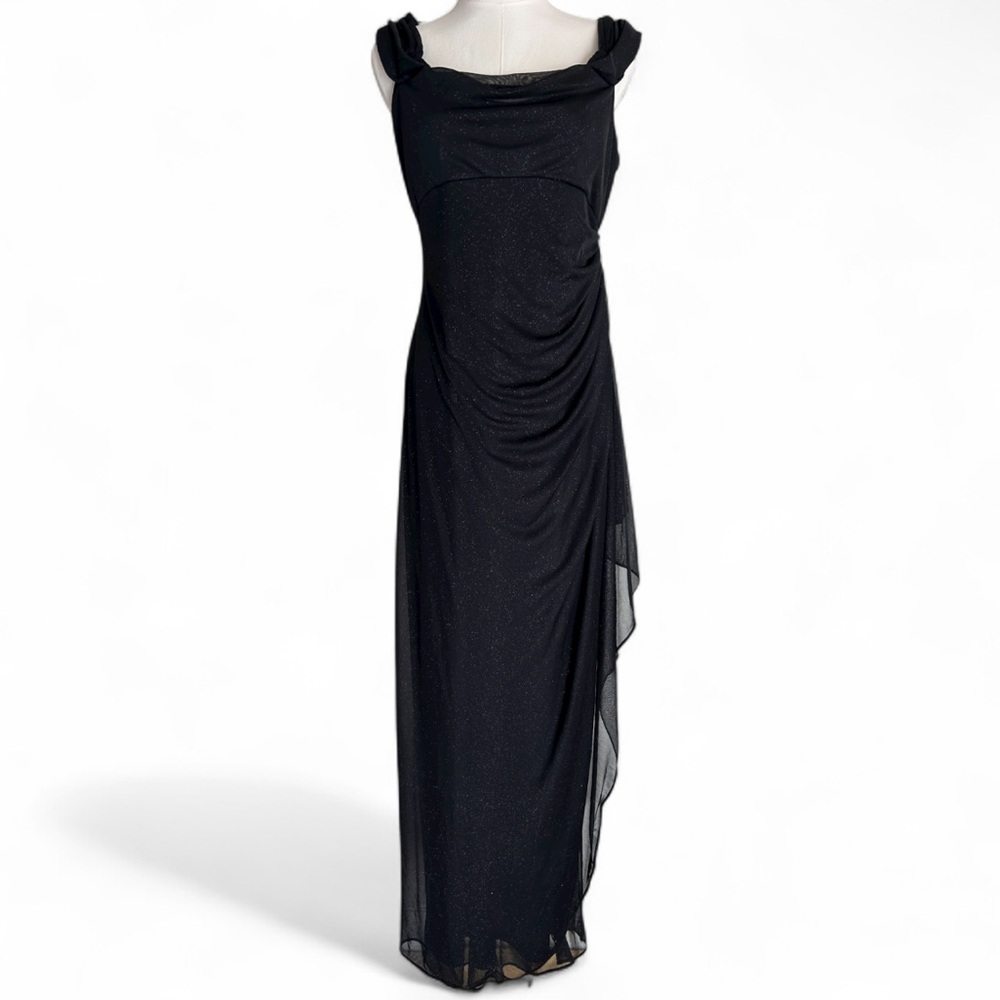 Alex Evenings Black Glitter Mesh Formal Gown Cowl Empire Draped Column Dress 8